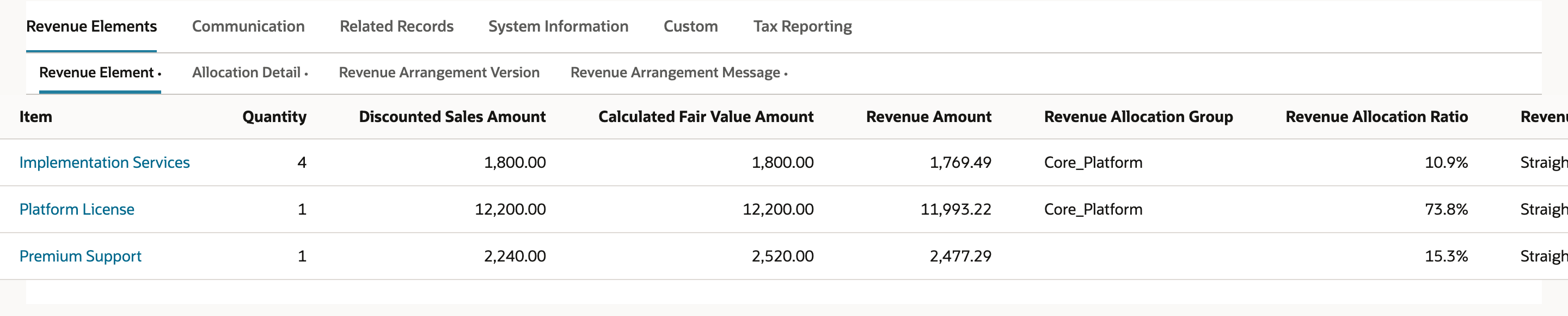 Revenue Element sublist: Implementation Services Revenue Amount 1,769.49 at 10.9%, Platform License 11,993.22 at 73.8%, Premium Support 2,477.29 at 15.3% with a red arrow at the amount, and Calculated Fair Value Amounts 1,800.00, 12,200.00 and 2,520.00.
