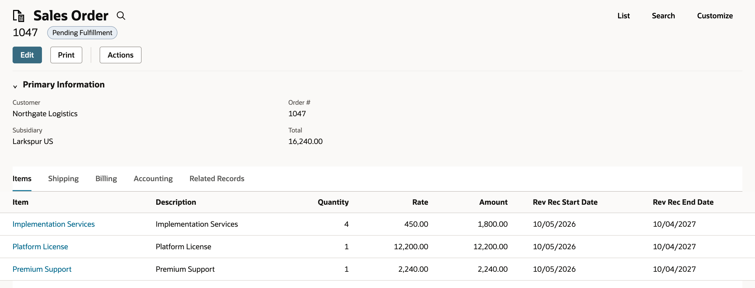 Sales Order 1047 for Northgate Logistics with total 16,240.00 and three item lines: Implementation Services 1,800.00, Platform License 12,200.00 and Premium Support 2,240.00.