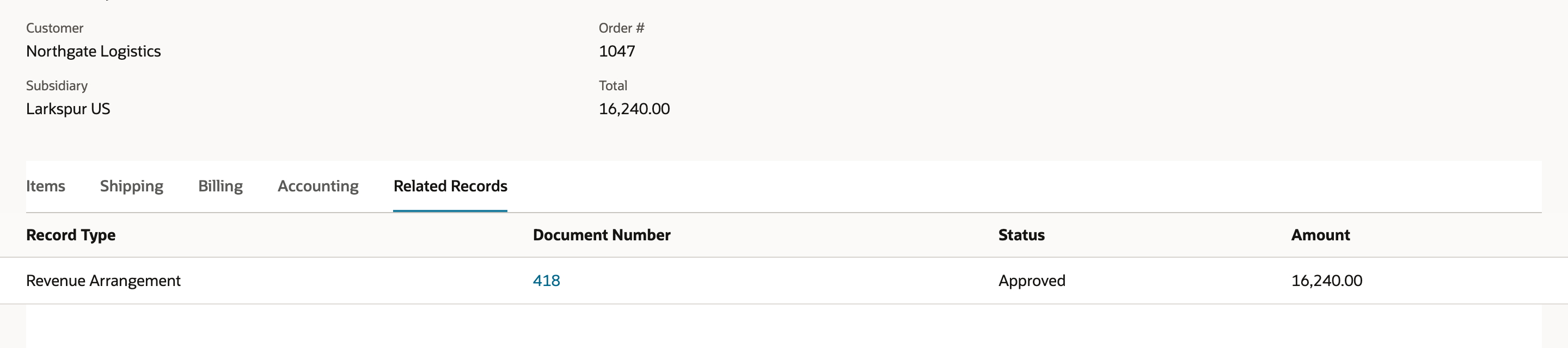 Related Records on Sales Order 1047 now listing Revenue Arrangement 418, status Approved, amount 16,240.00, with a red arrow at the document number.