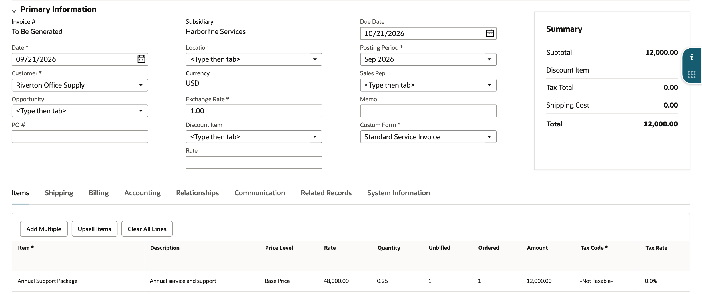 NetSuite invoice form marked To Be Generated, with a Summary Total of 12,000.00 and an Items line for quantity 0.25