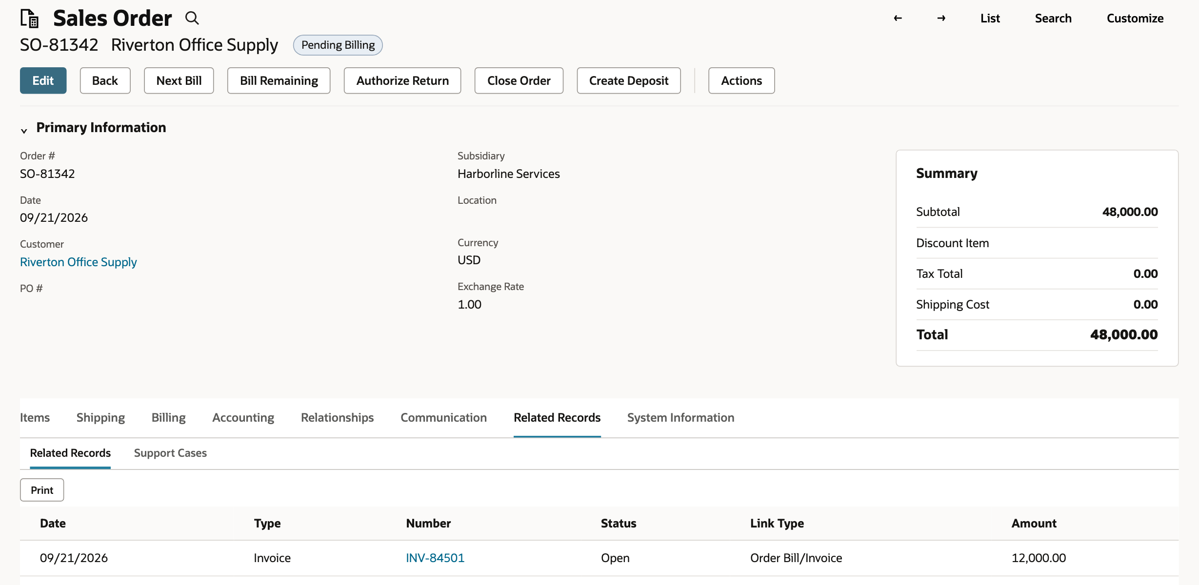 NetSuite sales order SO-81342, status Pending Billing, Related Records subtab listing invoice INV-84501 as Open with link type Order Bill/Invoice and amount 12,000.00