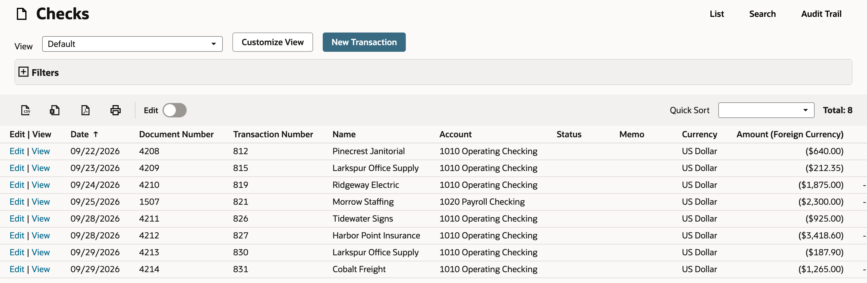 Checks list with Total 8: checks 4208 to 4214 from 1010 Operating Checking and check 1507 to Morrow Staffing from 1020 Payroll Checking, with amounts in parentheses.