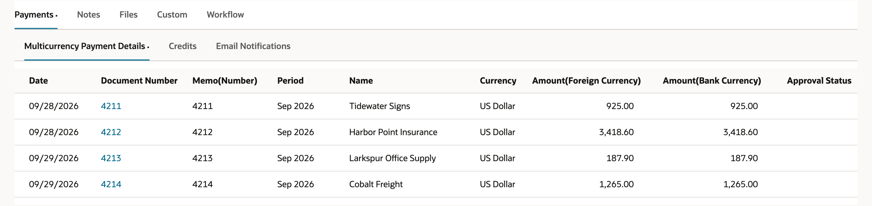 Payments subtab on file 00000052 listing Document Numbers 4211, 4212, 4213 and 4214 for Tidewater Signs, Harbor Point Insurance, Larkspur Office Supply and Cobalt Freight with amounts 925.00, 3,418.60, 187.90 and 1,265.00.