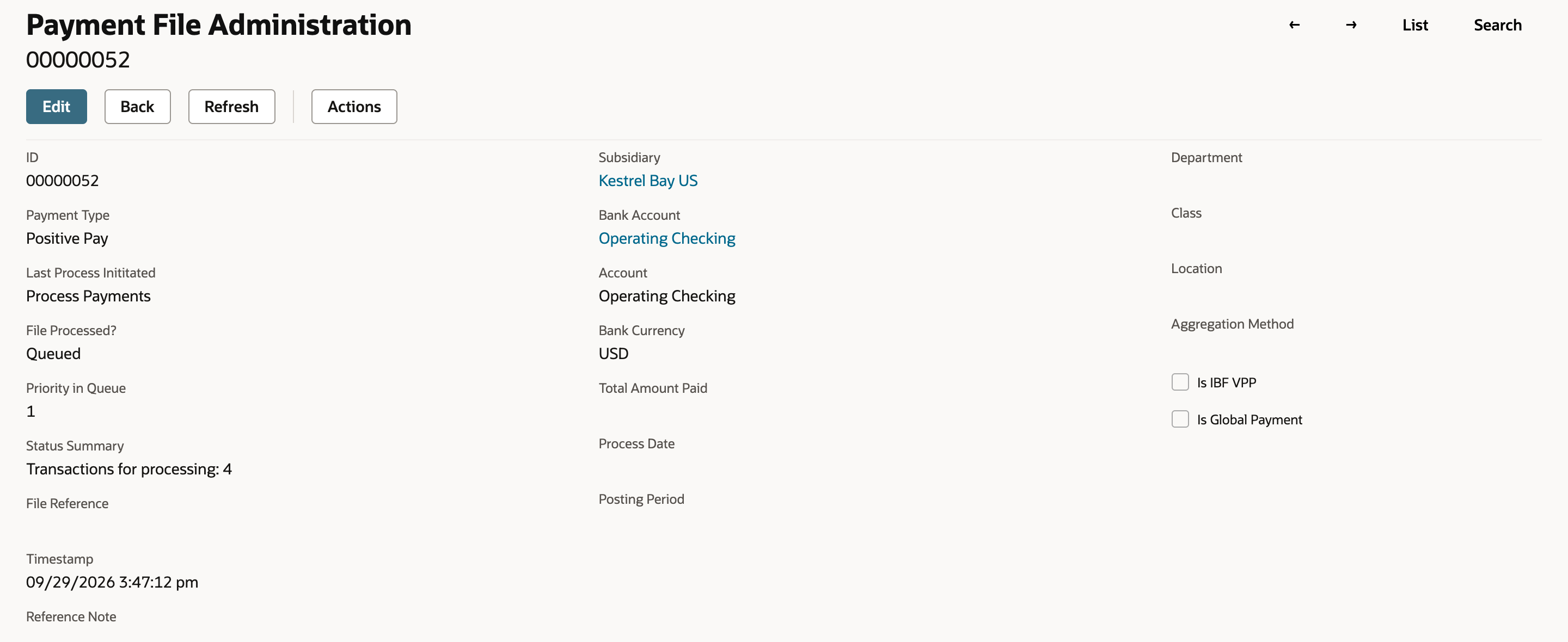 Payment File Administration 00000052 with Payment Type Positive Pay, Bank Account Operating Checking, File Processed? Queued and Status Summary Transactions for processing 4.