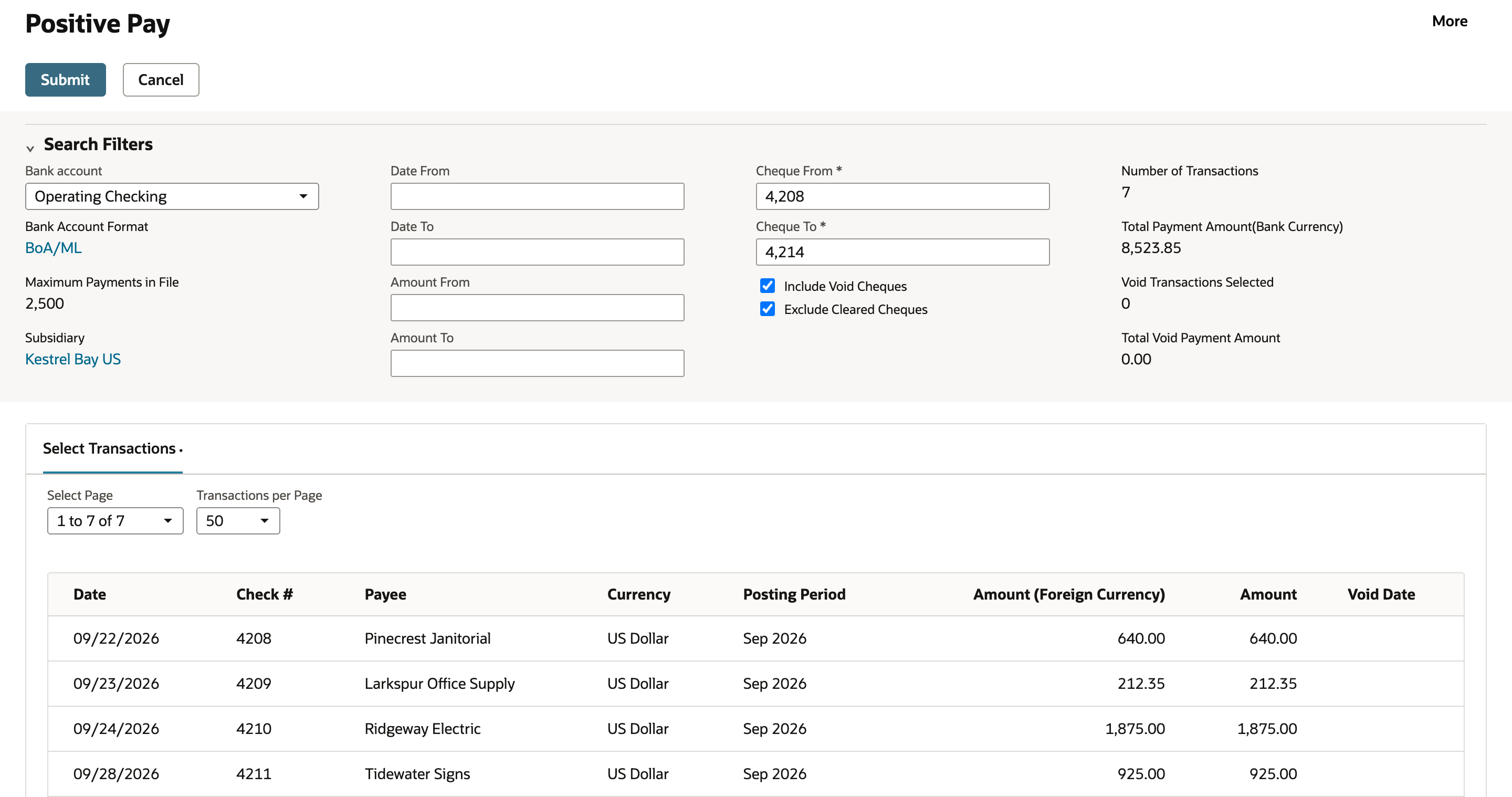 Positive Pay with Bank account Operating Checking, Bank Account Format BoA/ML, Maximum Payments in File 2,500, Cheque From 4,208, Cheque To 4,214, Number of Transactions 7 and Total Payment Amount(Bank Currency) 8,523.85, with checks from 4208 listed.