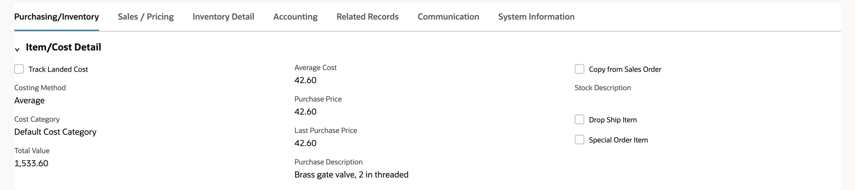 Brass Gate Valve 2 in item record, Purchasing/Inventory subtab, Item/Cost Detail: Costing Method Average, Average Cost 42.60, Purchase Price 42.60, Last Purchase Price 42.60, Purchase Description Brass gate valve, 2 in threaded. An arrow points to Purchase Price.