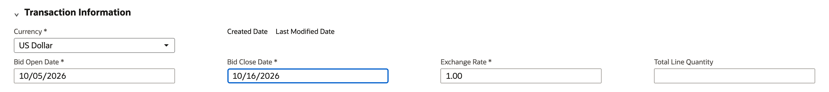 Transaction Information section of the new request: Currency US Dollar, Bid Open Date 10/05/2026, Bid Close Date 10/16/2026 just entered, Exchange Rate 1.00, Total Line Quantity empty.