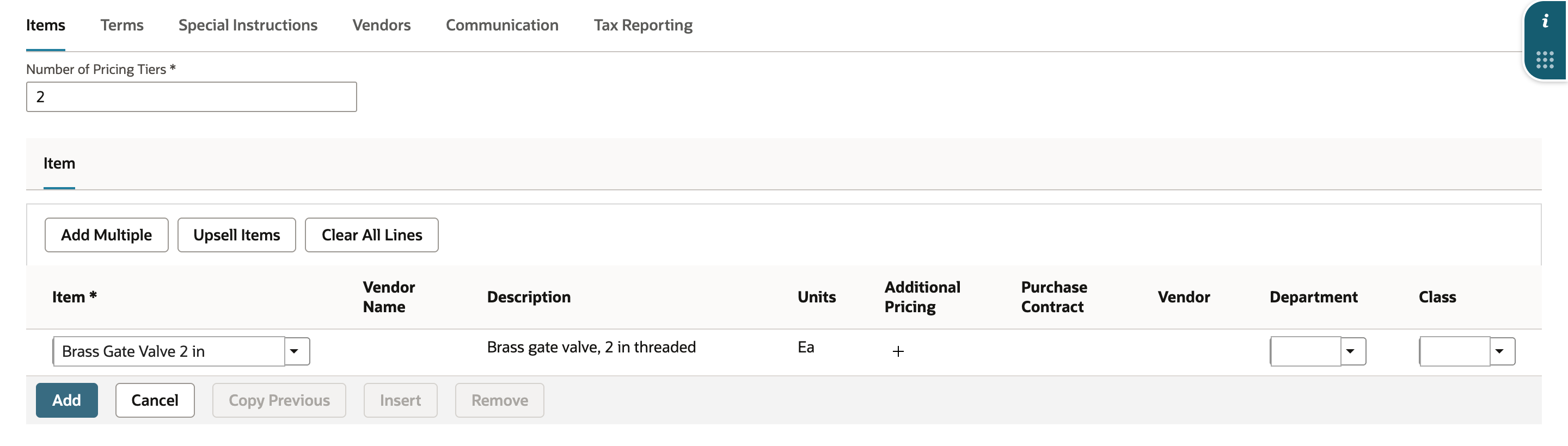 Items subtab with Number of Pricing Tiers 2 and an item line being entered: Item Brass Gate Valve 2 in, Description Brass gate valve, 2 in threaded, Units Ea, and a plus icon under Additional Pricing. There are no quantity or rate columns. An arrow points to the Additional Pricing icon.