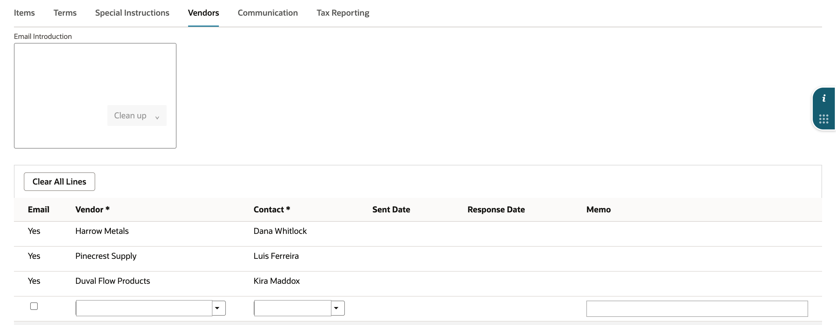 Vendors subtab with three committed lines, each Email Yes: Harrow Metals, Dana Whitlock; Pinecrest Supply, Luis Ferreira; Duval Flow Products, Kira Maddox. Sent Date and Response Date are empty on all three.