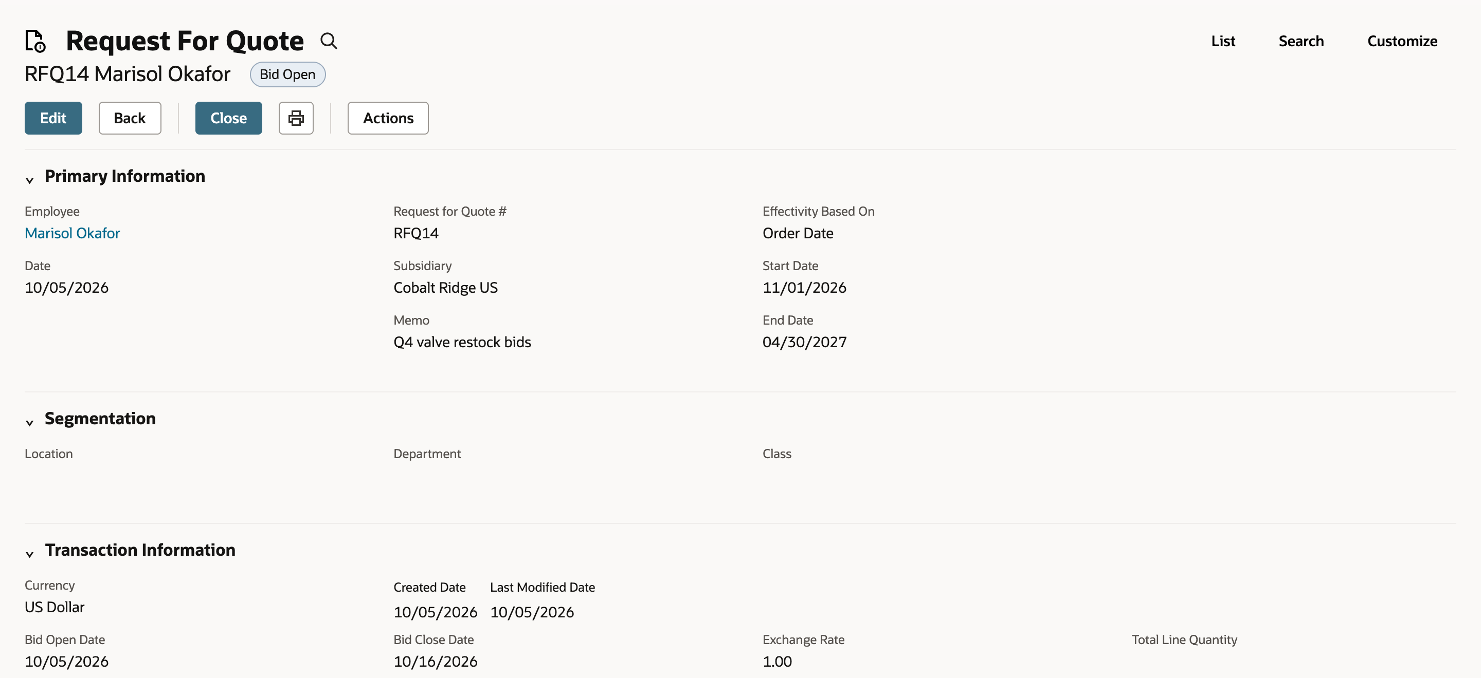 Saved Request For Quote RFQ14 for Marisol Okafor with status Bid Open: Date 10/05/2026, Subsidiary Cobalt Ridge US, Memo Q4 valve restock bids, Effectivity Based On Order Date, Start Date 11/01/2026, End Date 04/30/2027, Bid Open Date 10/05/2026, Bid Close Date 10/16/2026. An arrow points to the Bid Open status.