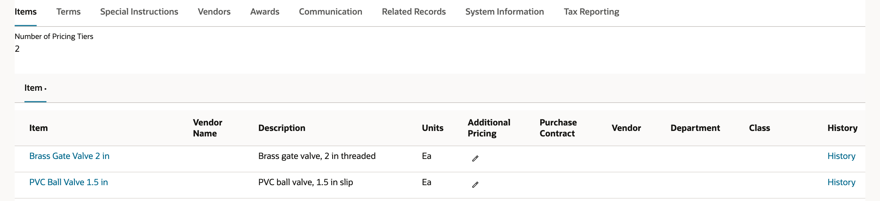 Items subtab of saved RFQ14: Number of Pricing Tiers 2, and two lines, Brass Gate Valve 2 in and PVC Ball Valve 1.5 in, both in units Ea, each with an Additional Pricing icon and a History link.