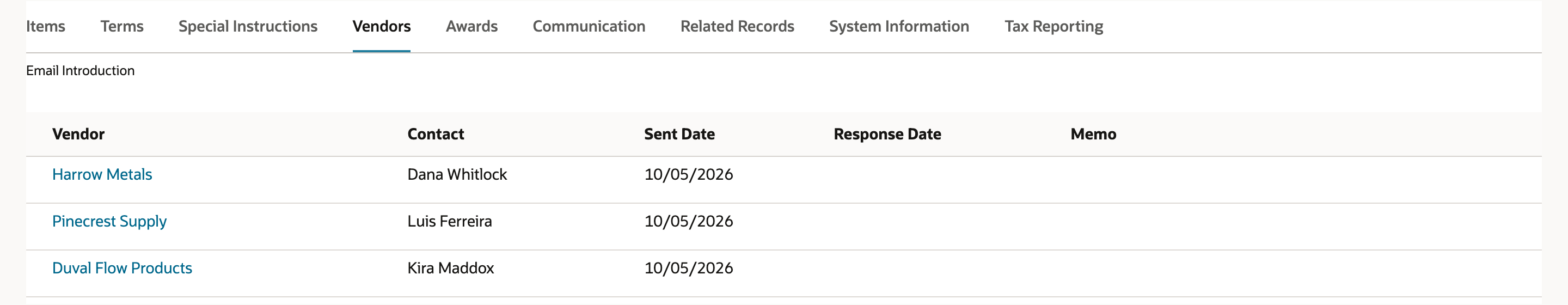 Vendors subtab of saved RFQ14: Harrow Metals with Dana Whitlock, Pinecrest Supply with Luis Ferreira, and Duval Flow Products with Kira Maddox, each with Sent Date 10/05/2026 and an empty Response Date.