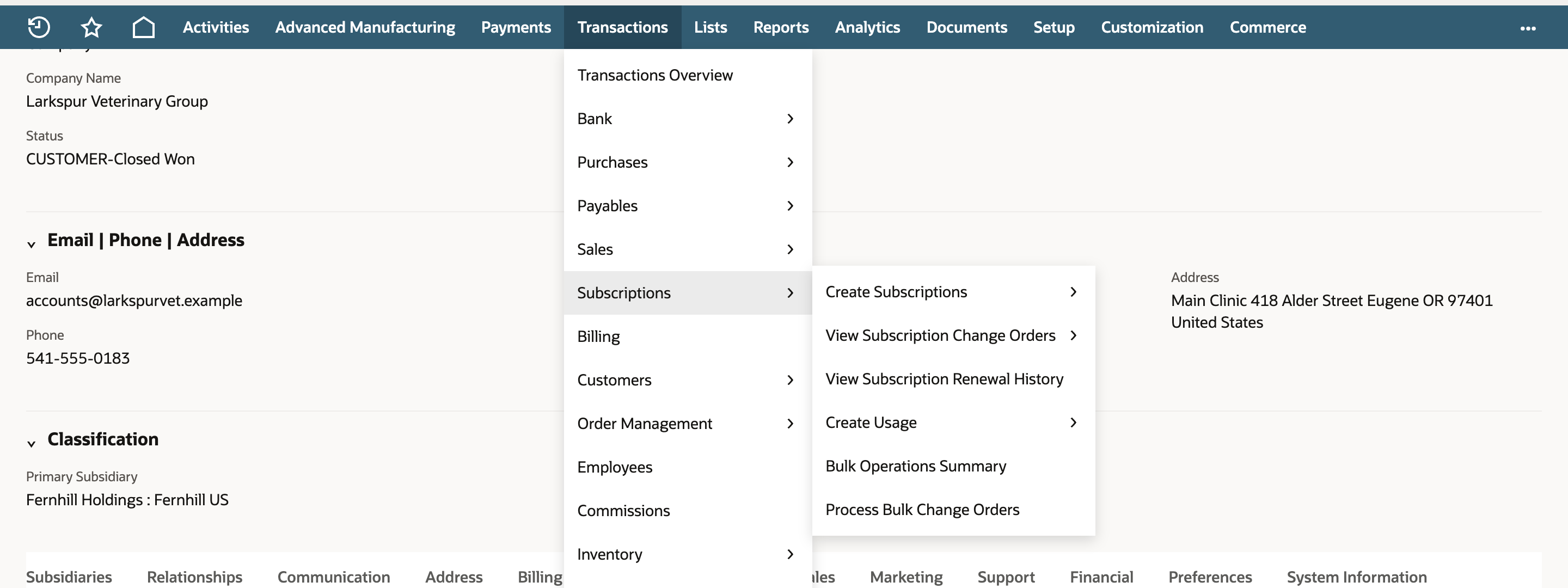 The Transactions menu open at Subscriptions, with a flyout listing Create Subscriptions, View Subscription Change Orders, View Subscription Renewal History, Create Usage, Bulk Operations Summary and Process Bulk Change Orders.
