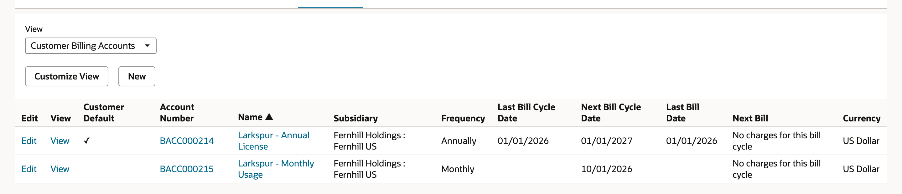 The Billing Accounts subtab on Larkspur Veterinary Group lists BACC000214 Larkspur - Annual License, the Customer Default with Frequency Annually and Next Bill Cycle Date 01/01/2027, and BACC000215 Larkspur - Monthly Usage with Frequency Monthly and Next Bill Cycle Date 10/01/2026.