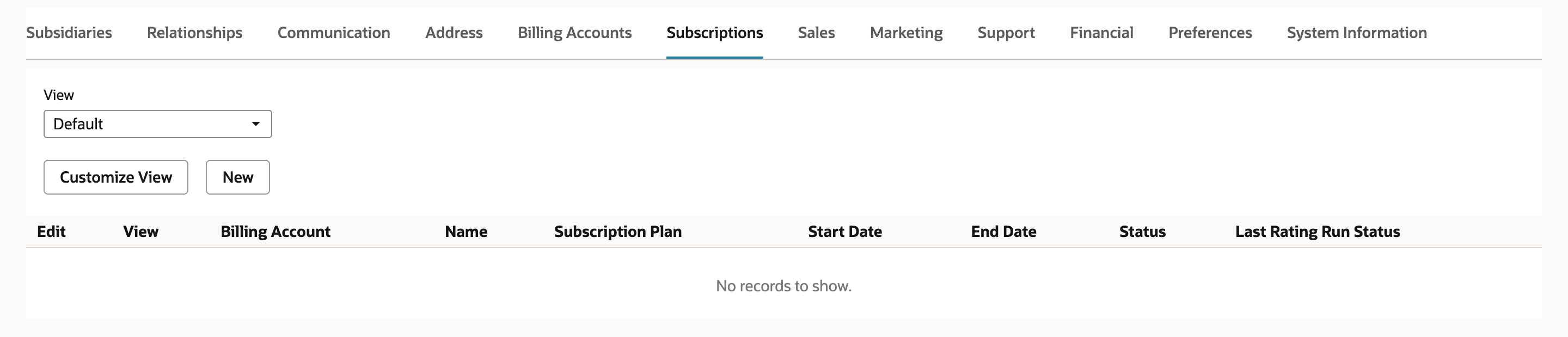 The Subscriptions subtab on Larkspur Veterinary Group with columns Billing Account, Name, Subscription Plan, Start Date, End Date and Status, showing No records to show.