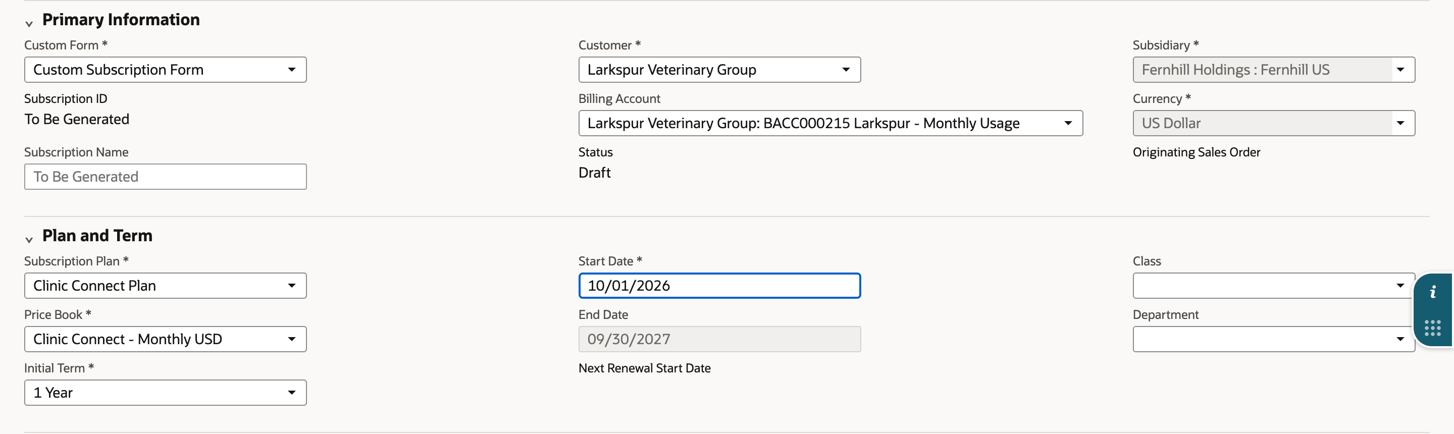 Plan and Term with Subscription Plan Clinic Connect Plan, Price Book Clinic Connect - Monthly USD, Initial Term 1 Year, Start Date 10/01/2026 and a read-only End Date of 09/30/2027.