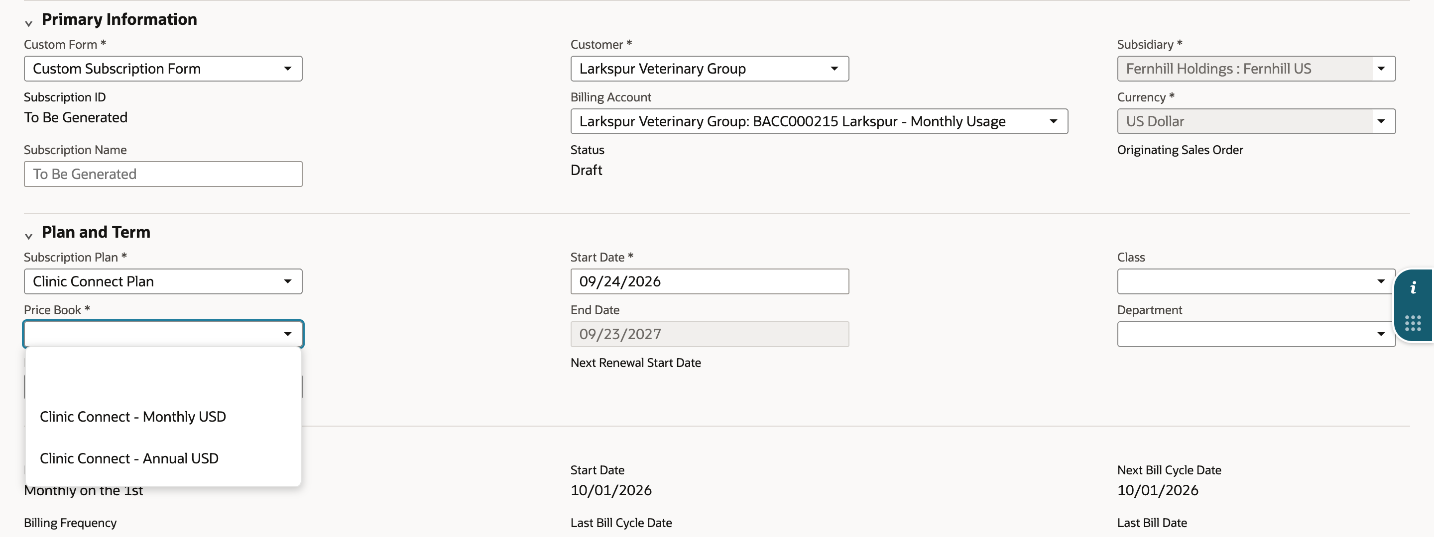 Subscription Plan Clinic Connect Plan is selected and the Price Book list is open with two options, Clinic Connect - Monthly USD and Clinic Connect - Annual USD.