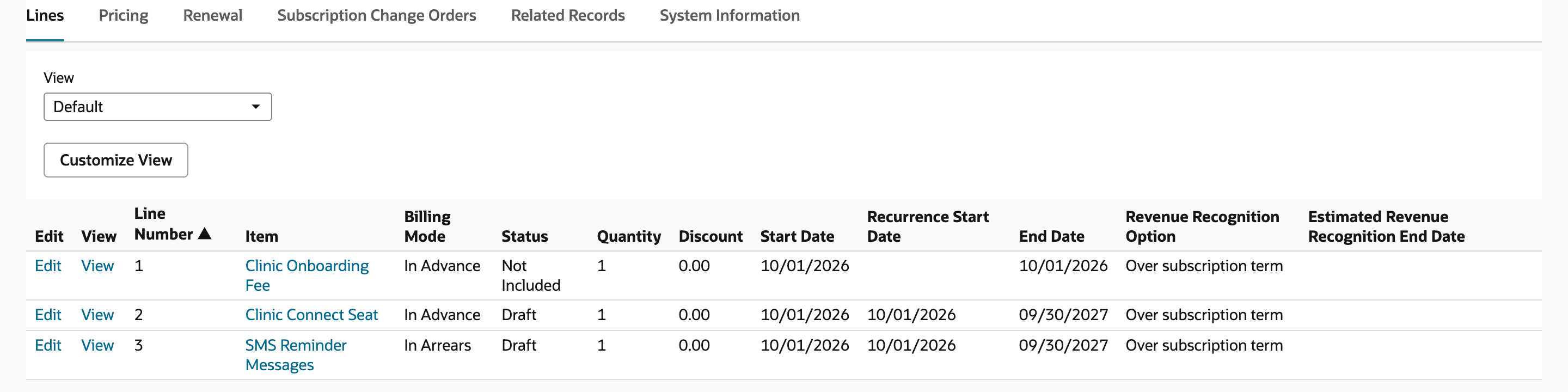 The saved subscription Lines subtab: Clinic Onboarding Fee Not Included, Clinic Connect Seat Draft and SMS Reminder Messages Draft, each starting 10/01/2026, with the seat and SMS lines ending 09/30/2027.