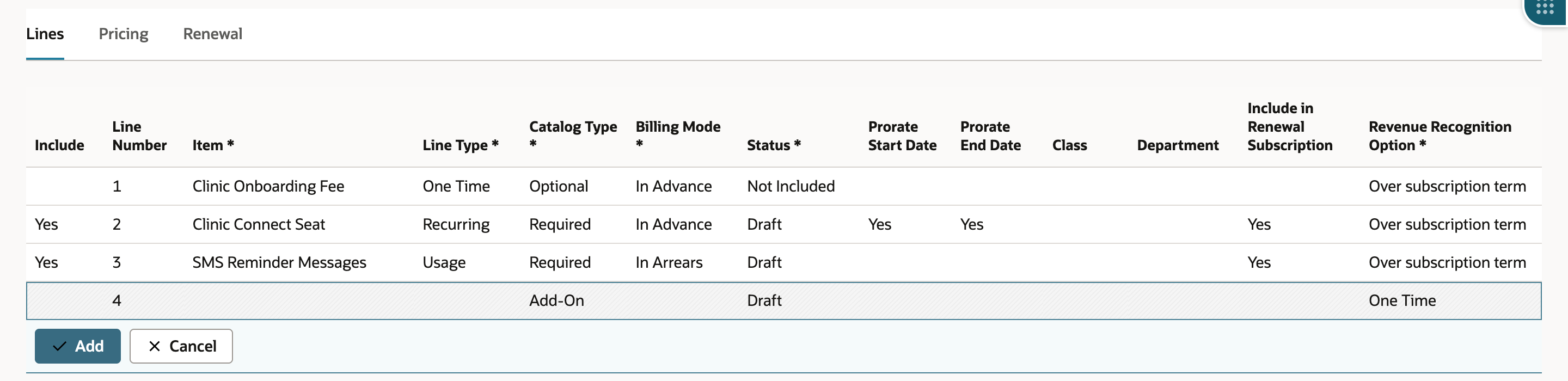 The Lines subtab with Clinic Onboarding Fee as Optional and Not Included, and Clinic Connect Seat and SMS Reminder Messages as Required, Include Yes and Status Draft. The seat is Recurring and In Advance; the SMS line is Usage and In Arrears.