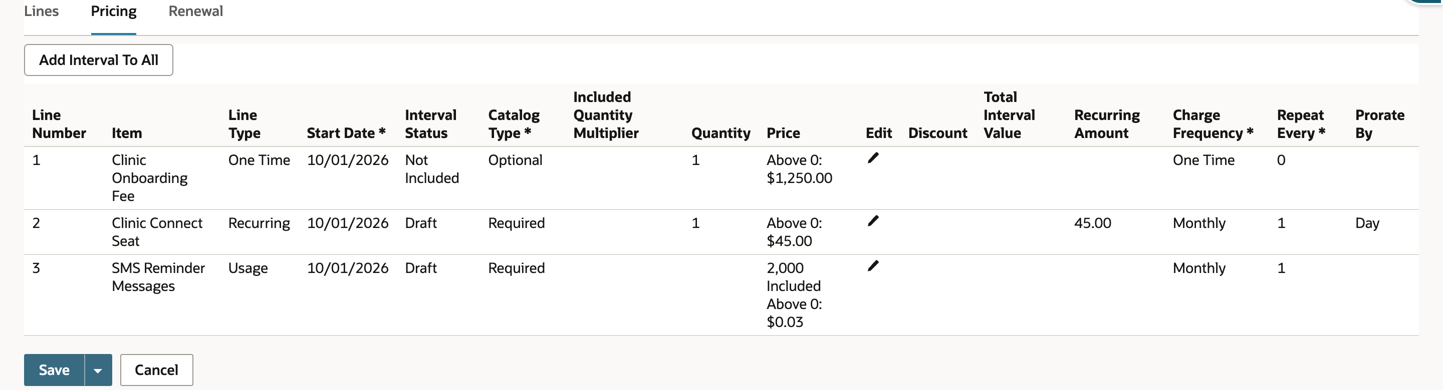 The Pricing subtab: Clinic Onboarding Fee Above 0: $1,250.00 charged One Time, Clinic Connect Seat quantity 1 at Above 0: $45.00 with Recurring Amount 45.00 charged Monthly, and SMS Reminder Messages 2,000 Included then Above 0: $0.03 charged Monthly.