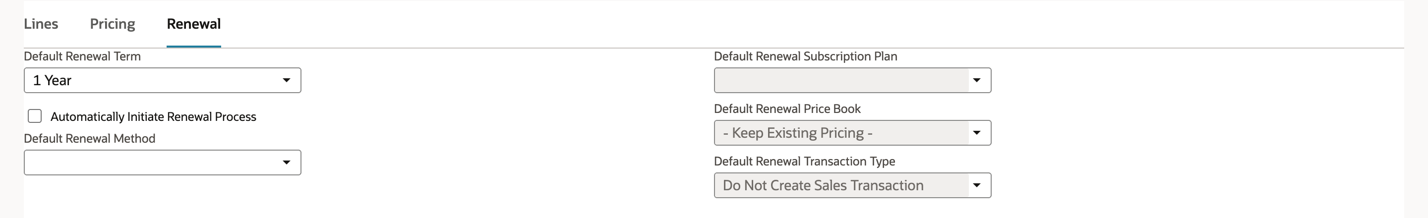 The Renewal subtab with Default Renewal Term 1 Year, Automatically Initiate Renewal Process cleared, Default Renewal Price Book - Keep Existing Pricing - and Default Renewal Transaction Type Do Not Create Sales Transaction.
