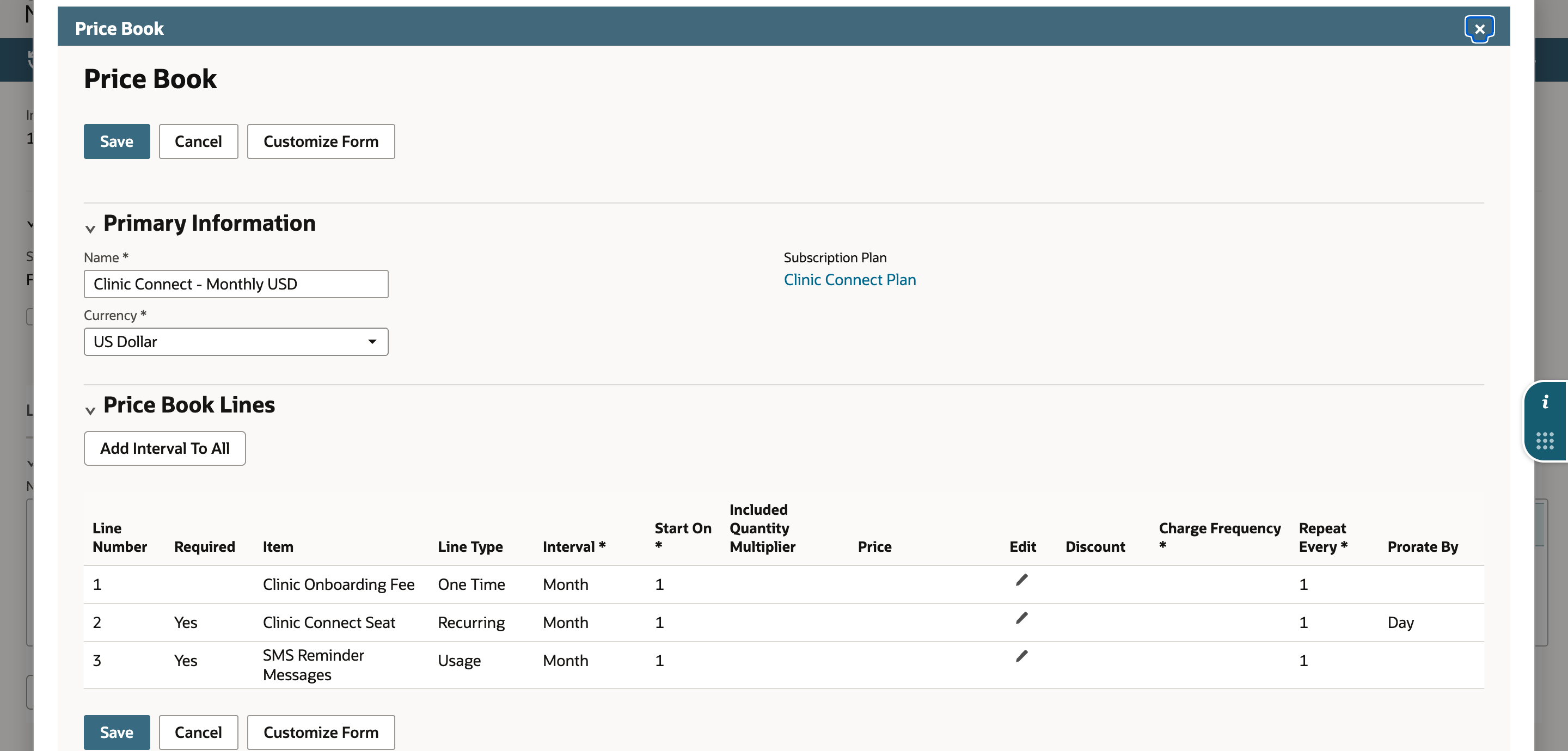 The Price Book form with Name Clinic Connect - Monthly USD, Currency US Dollar, Subscription Plan Clinic Connect Plan, and three Price Book Lines with Interval Month, Start On 1, a pencil icon in the Edit column, and an empty Price column.