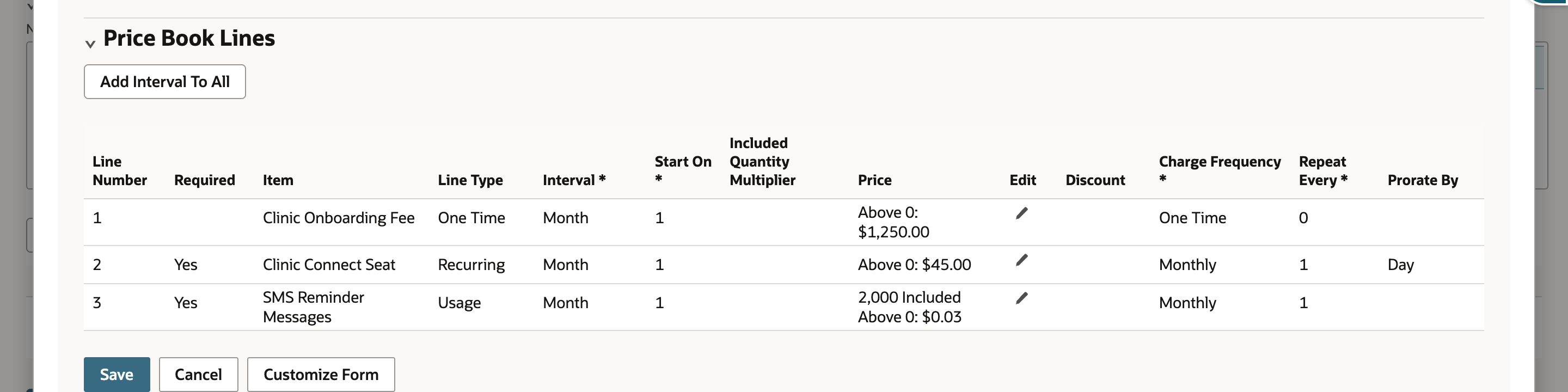 Price Book Lines after pricing: Clinic Onboarding Fee Above 0: $1,250.00 One Time, Clinic Connect Seat Above 0: $45.00 Monthly prorated by Day, SMS Reminder Messages 2,000 Included Above 0: $0.03 Monthly.