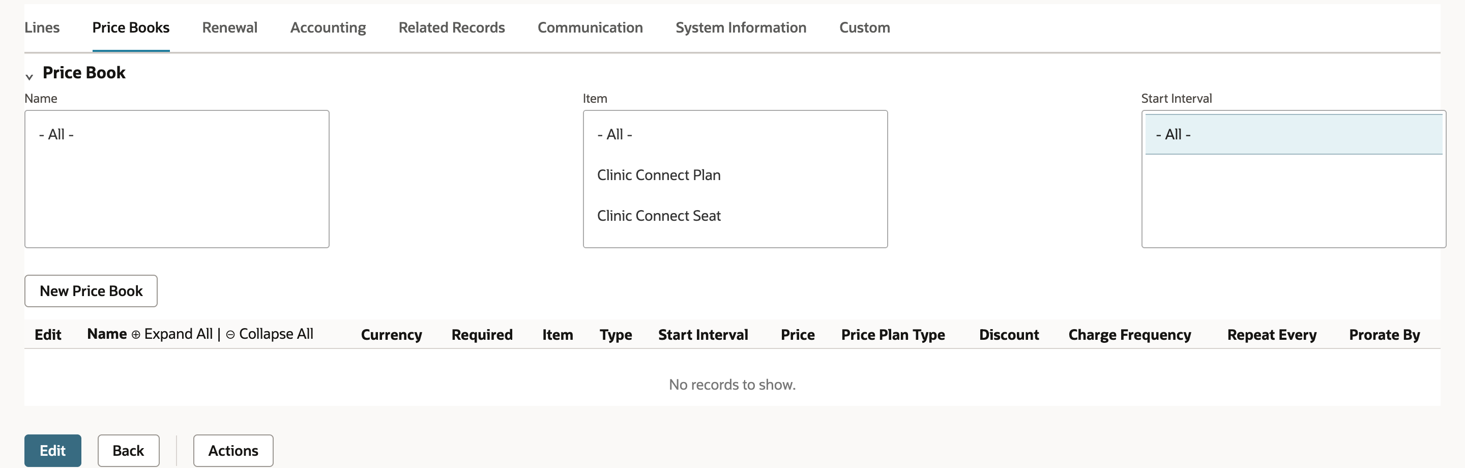 The Price Books subtab of the saved plan shows the New Price Book button above an empty grid that reads No records to show.