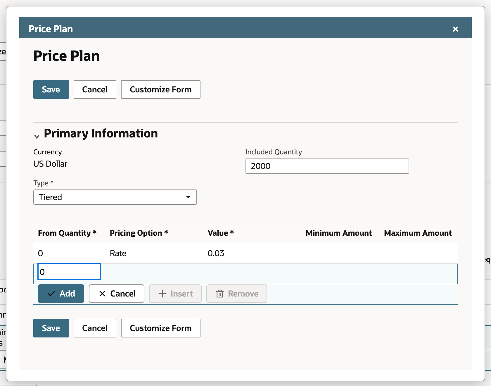 The Price Plan popup for SMS Reminder Messages with Currency US Dollar, Included Quantity 2000, Type Tiered, and a tier row From Quantity 0, Pricing Option Rate, Value 0.03.