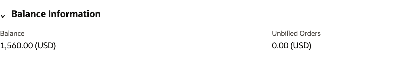 Balance Information on the vendor's Financial subtab. Balance is 1,560.00 (USD) and Unbilled Orders is 0.00 (USD).