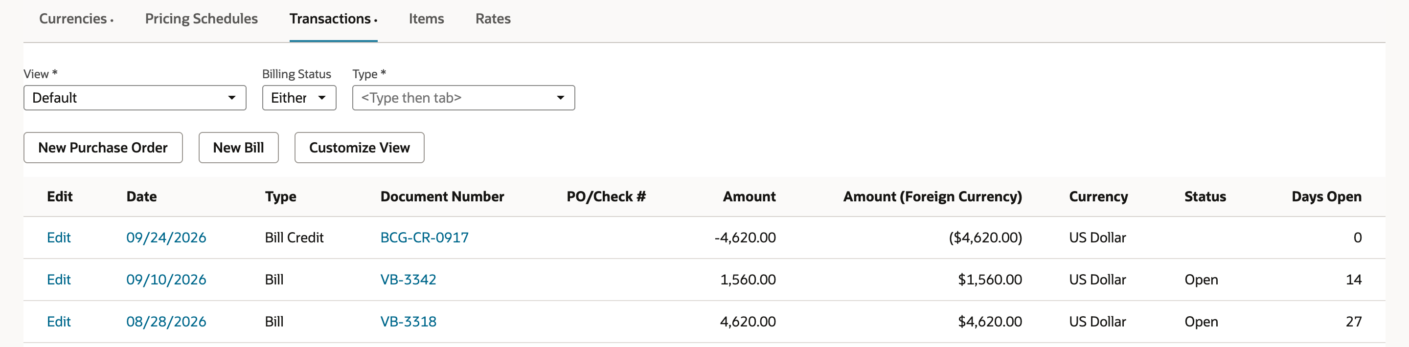 The vendor's Transactions subtab lists Bill Credit BCG-CR-0917 dated 09/24/2026 at -4,620.00, Bill VB-3342 at 1,560.00 Open, and Bill VB-3318 at 4,620.00 Open.