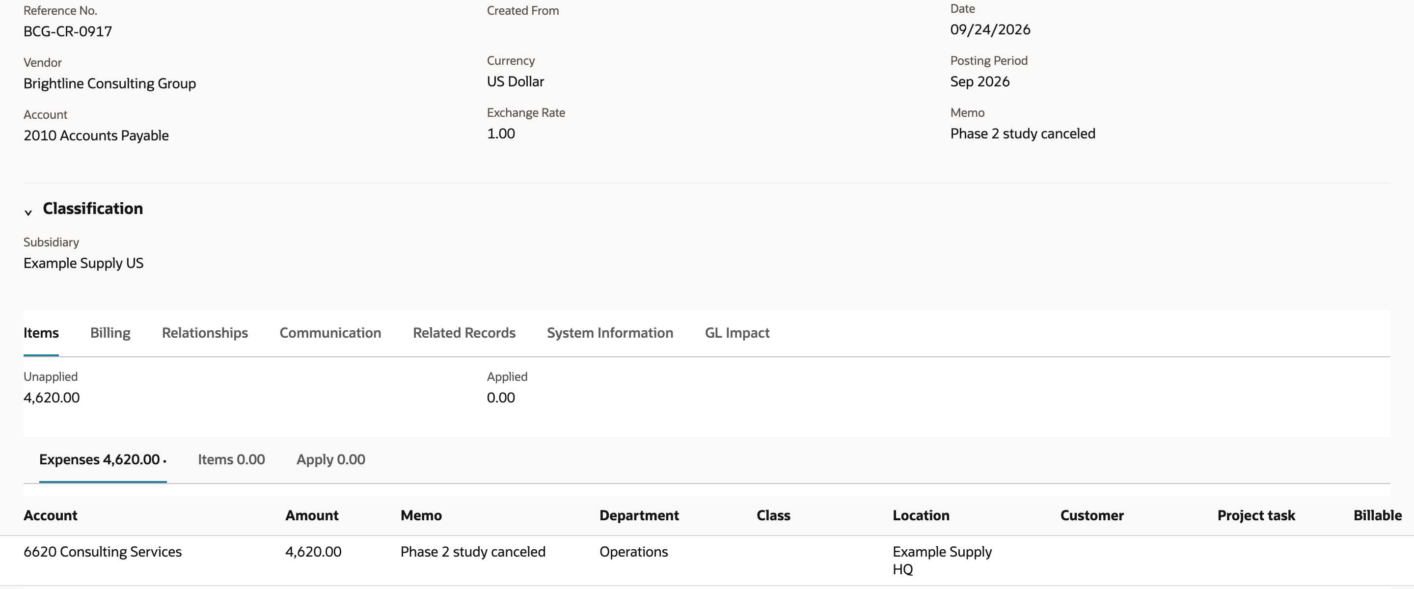 Saved bill credit BCG-CR-0917 for Brightline Consulting Group, Account 2010 Accounts Payable, dated 09/24/2026 in Sep 2026. The Items tab shows Unapplied 4,620.00 and Applied 0.00, and the Expenses 4,620.00 subtab has the 6620 Consulting Services line.