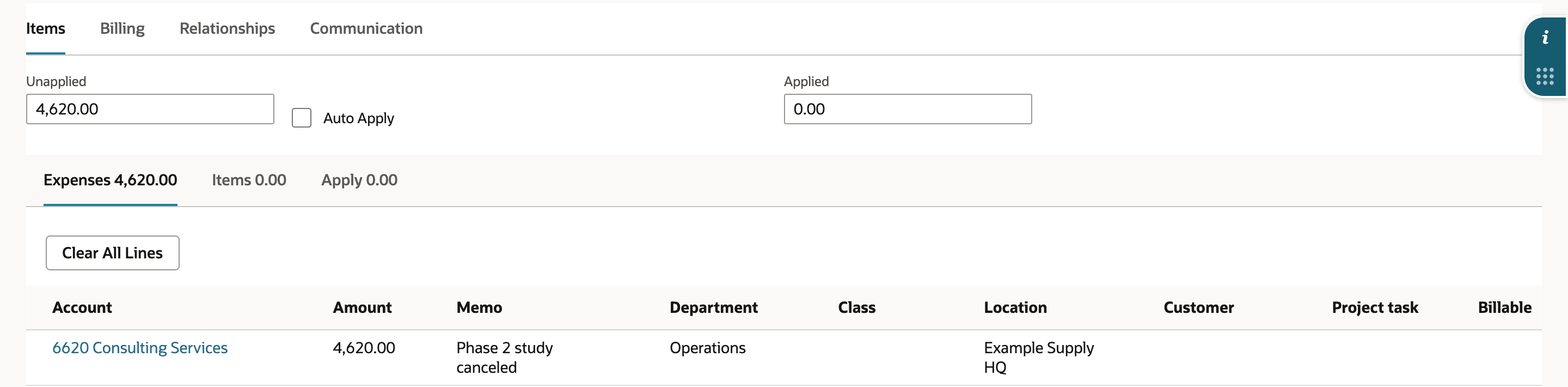 Items tab of the new bill credit. Unapplied is 4,620.00, the Auto Apply checkbox is cleared, and Applied is 0.00. The Expenses 4,620.00 subtab has one line: 6620 Consulting Services, 4,620.00, Phase 2 study canceled, Department Operations, Location Example Supply HQ. An arrow points to Auto Apply.