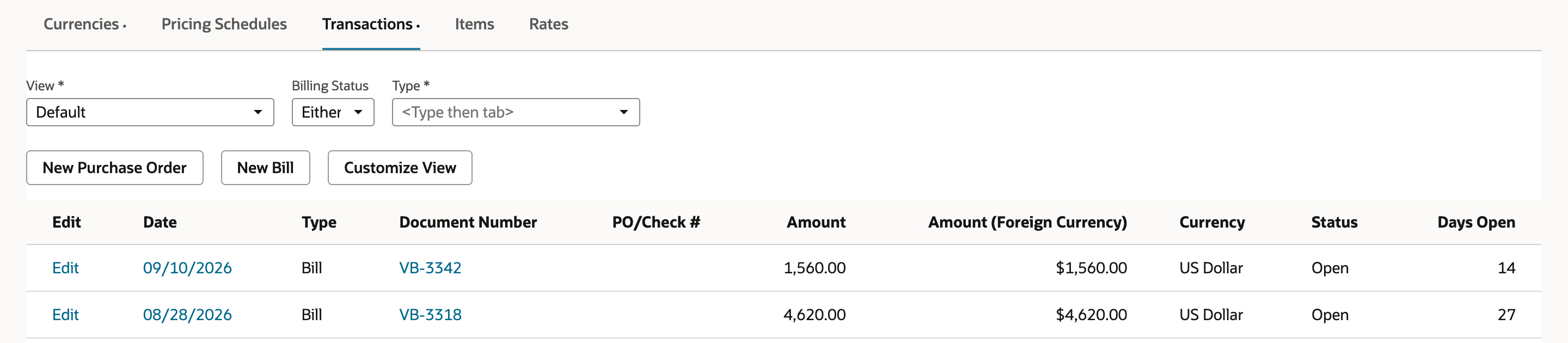 The vendor's Transactions subtab lists two Open bills: VB-3342 dated 09/10/2026 for 1,560.00 and VB-3318 dated 08/28/2026 for 4,620.00.