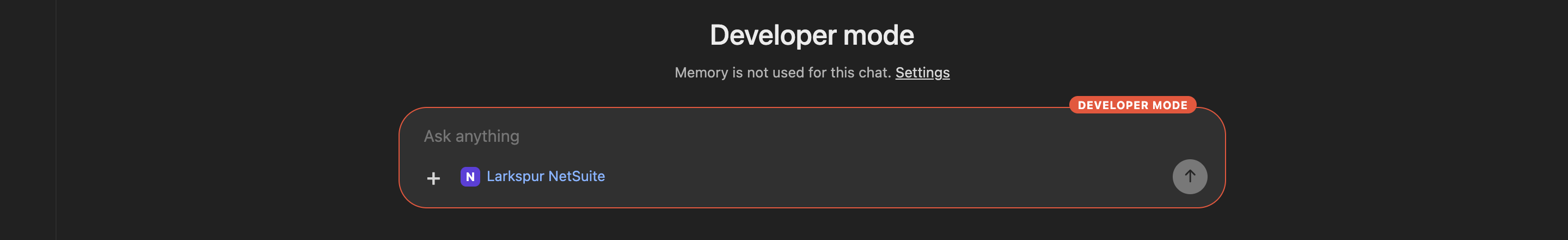 ChatGPT message box with the Larkspur NetSuite connector shown under the empty Ask anything field and a red arrow pointing at it.
