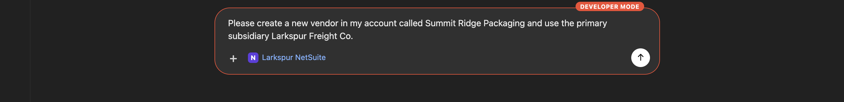 ChatGPT message box containing the prompt asking to create a vendor called Summit Ridge Packaging with the primary subsidiary Larkspur Freight Co.