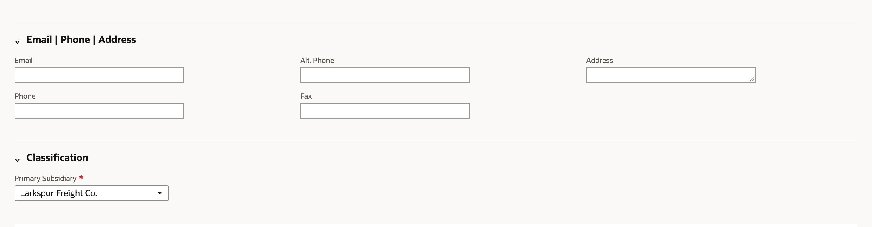 New Vendor form with the Primary Subsidiary field set to Larkspur Freight Co. and a red arrow pointing at it.