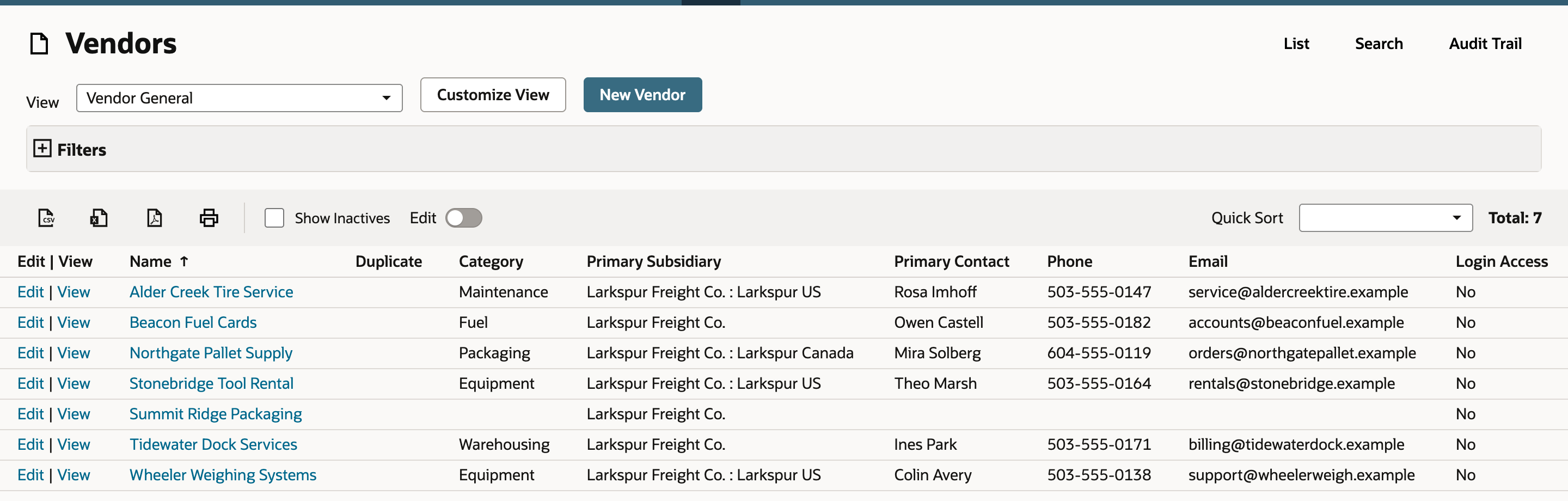 Vendors list showing Total: 7 and a new Summit Ridge Packaging row with Primary Subsidiary Larkspur Freight Co., marked by a red arrow.