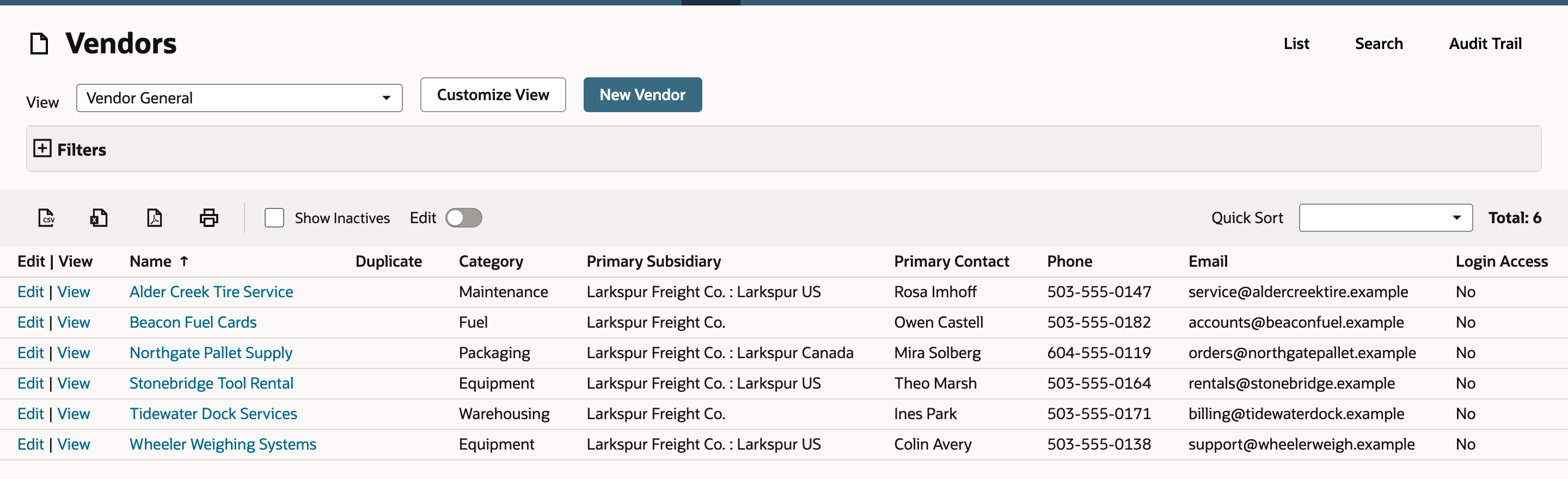 Vendors list in NetSuite showing Total: 6 with a red arrow, and Summit Ridge Packaging is not among the six rows.
