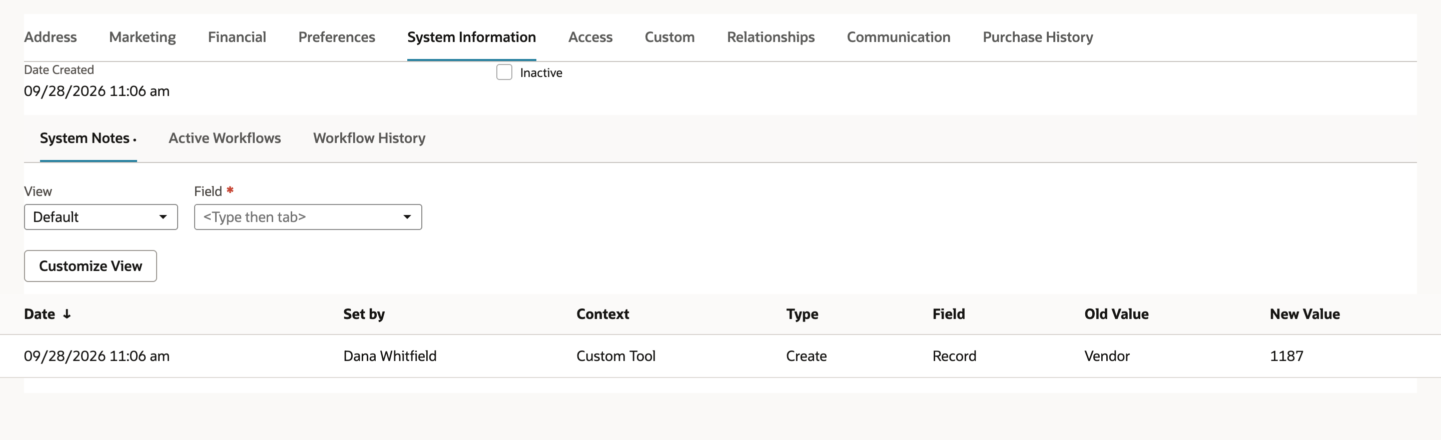 System Notes on the vendor's System Information subtab with a Create entry dated 09/28/2026 11:06 am, set by Dana Whitfield, context Custom Tool, new value 1187, and a red arrow under Custom Tool.