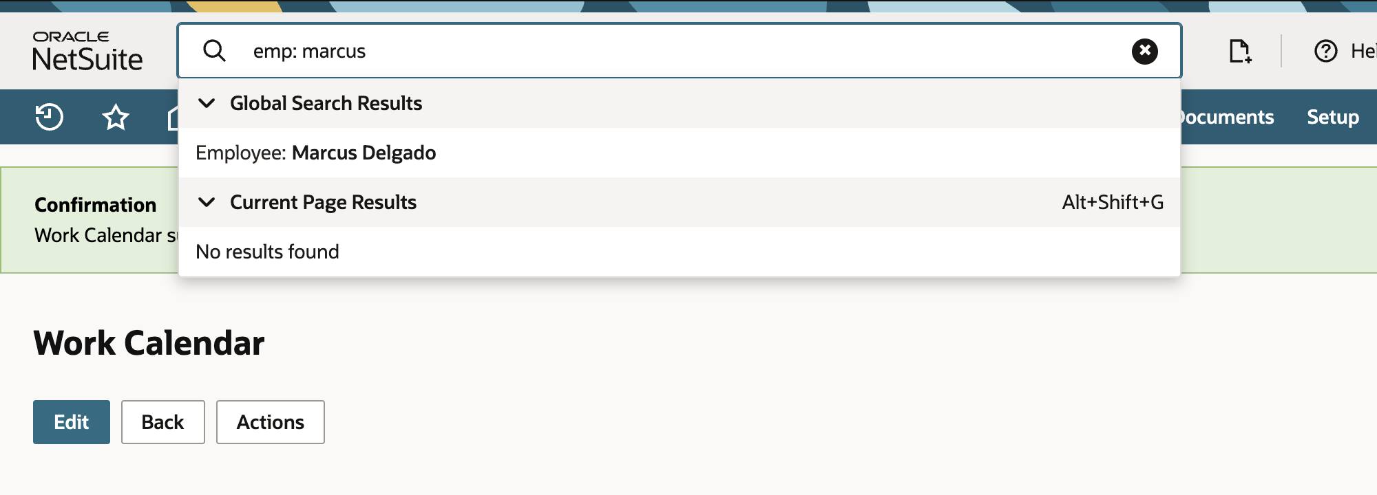 Global Search with emp: marcus typed and one result under Global Search Results: Employee: Marcus Delgado.