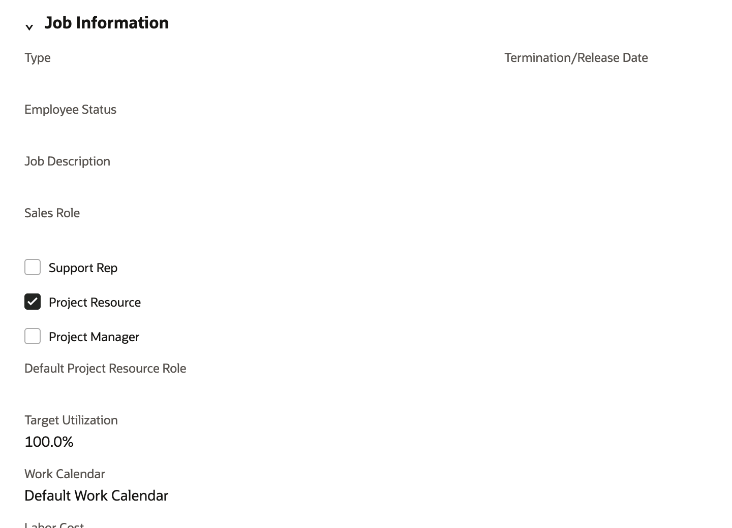 Marcus Delgado's employee record, Human Resources subtab, Job Information section. Project Resource is checked, Target Utilization is 100.0%, and Work Calendar shows Default Work Calendar.