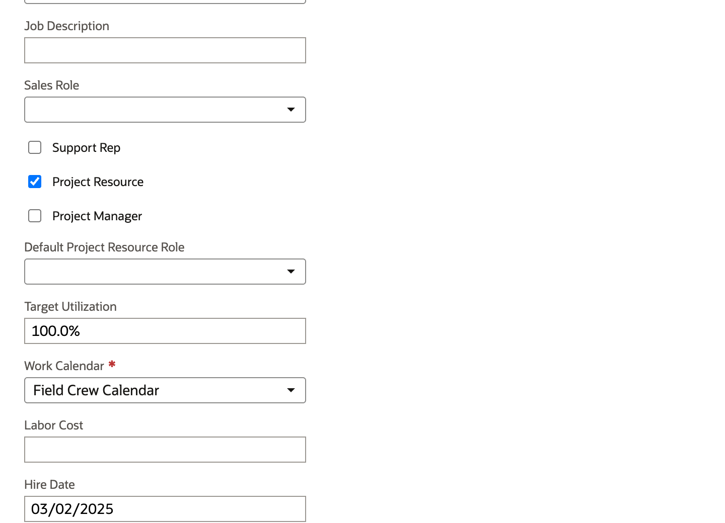 Employee edit form, Human Resources subtab, with Project Resource checked, Target Utilization 100.0%, and the Work Calendar dropdown set to Field Crew Calendar.