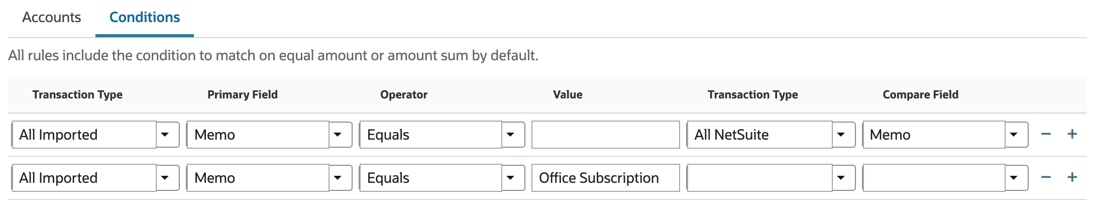 Two conditions: memo-to-memo comparison and imported memo equal to Office Subscription