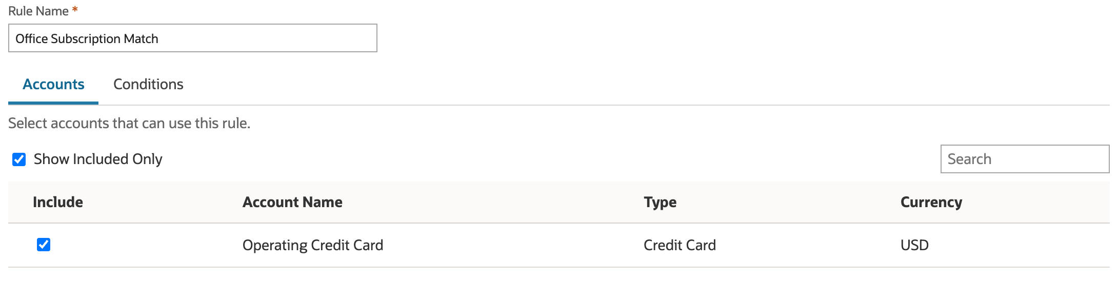 Show Included Only selected with Operating Credit Card as the only included account, type Credit Card and currency USD