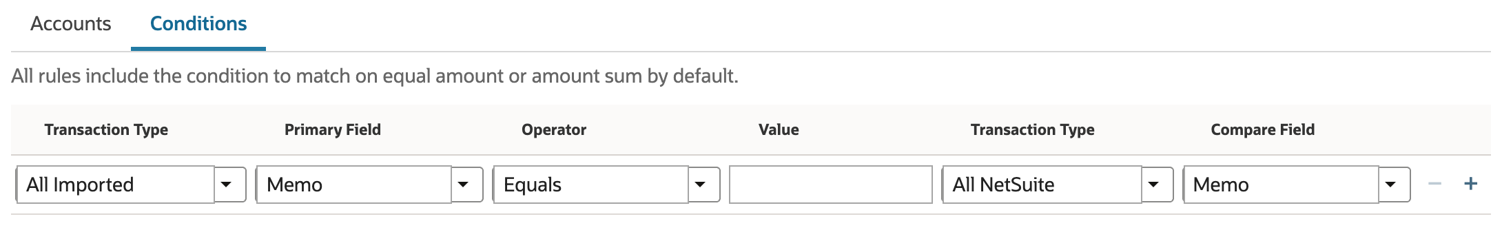 First condition compares All Imported Memo Equals All NetSuite Memo with Value empty