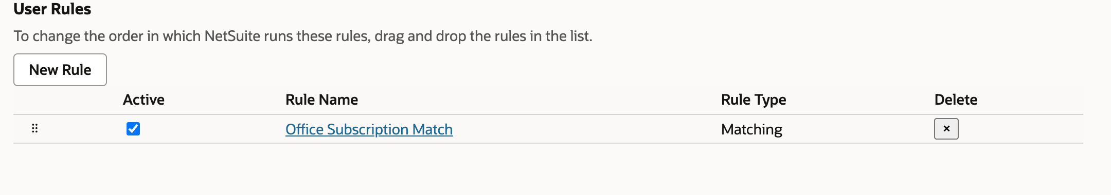Office Subscription Match listed under User Rules with Active selected and Rule Type Matching