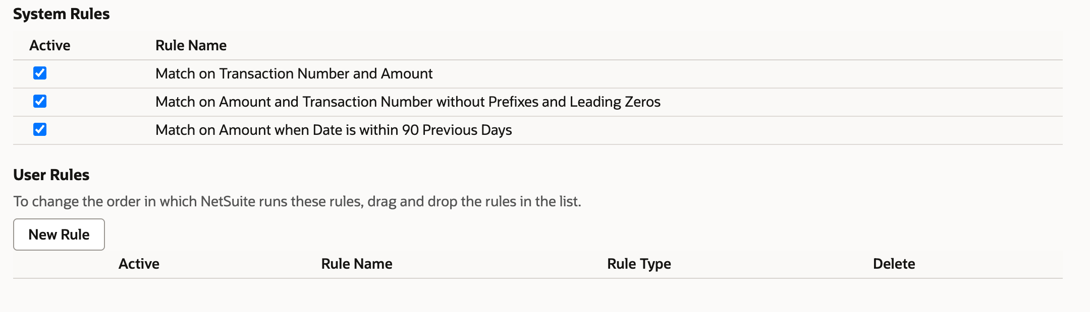 Active system matching rules above User Rules and the New Rule button