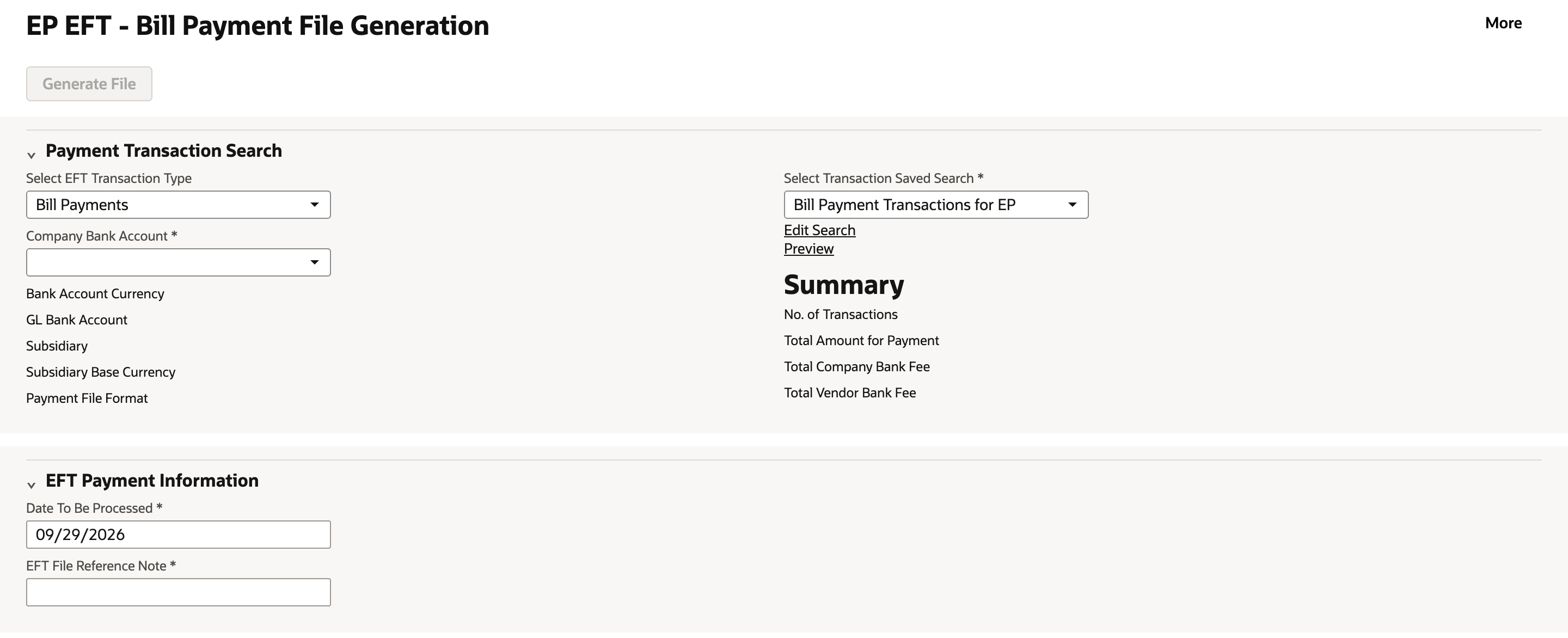 EP EFT - Bill Payment File Generation page with Select EFT Transaction Type Bill Payments, an empty Company Bank Account, Select Transaction Saved Search Bill Payment Transactions for EP, and the Edit Search and Preview links below it.