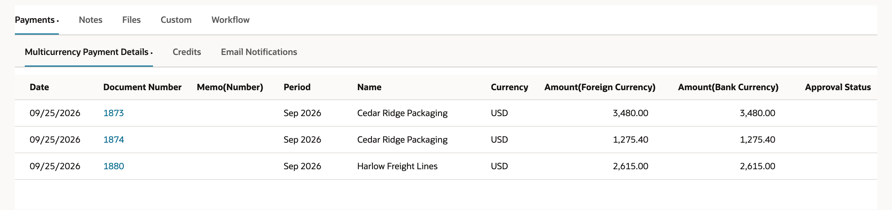 Payments subtab on the file record listing bill payments 1873 and 1874 for Cedar Ridge Packaging and 1880 for Harlow Freight Lines, dated 09/25/2026, with amounts 3,480.00, 1,275.40 and 2,615.00.